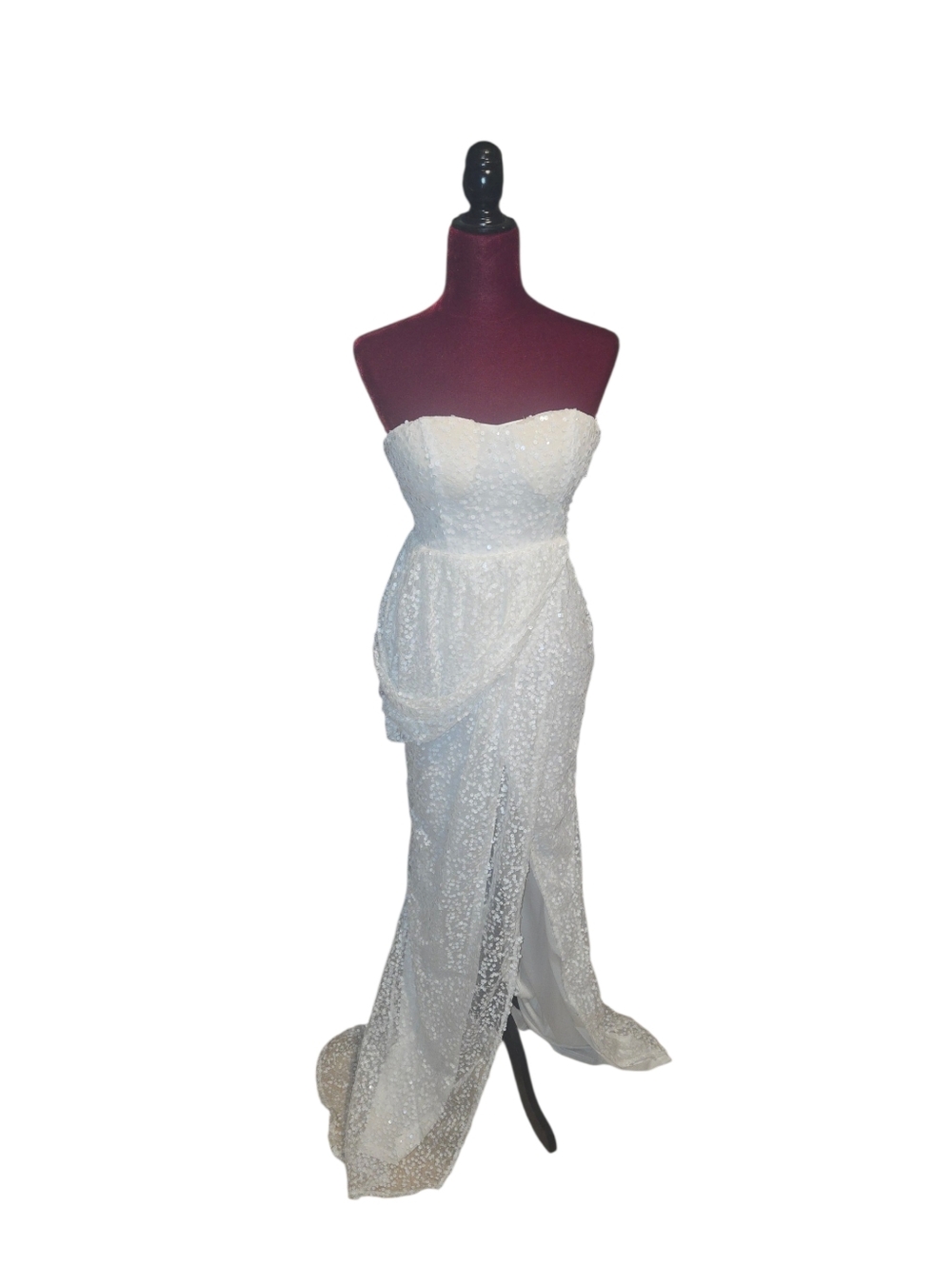 Strapless White Sequin Draped Gown